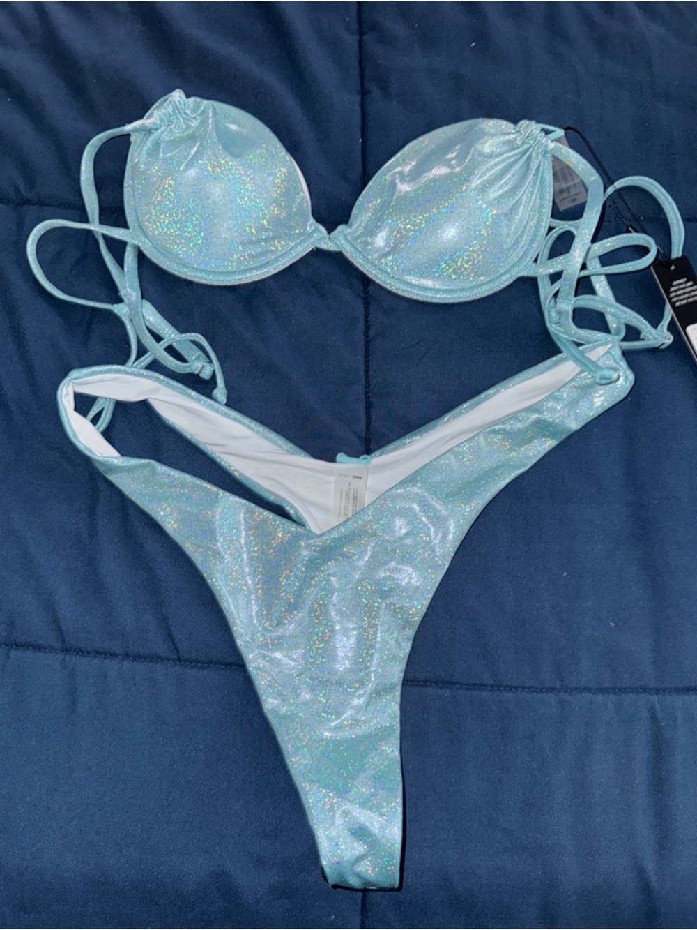 NWT Fashion Nova Holographic Light Blue Push-Up Bikini Thong Set